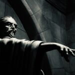 a black and white photo of a statue of a man