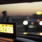 Un taxi stationné devant un terminal de CDG, compteur visible et passager consultant une confirmation de réservation sur smartphone, illustrant la transparence tarifaire.