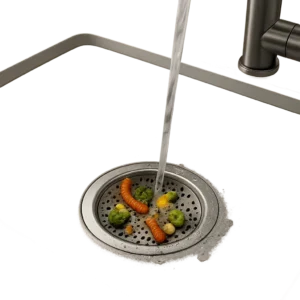 Un bouchon pour évier en place dans une cuisine moderne, conçu pour retenir les résidus avant le siphon. L’image illustre la prévention des bouchons et des mauvaises odeurs au quotidien.