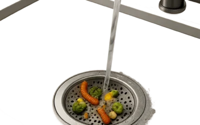 Un bouchon pour évier en place dans une cuisine moderne, conçu pour retenir les résidus avant le siphon. L’image illustre la prévention des bouchons et des mauvaises odeurs au quotidien.