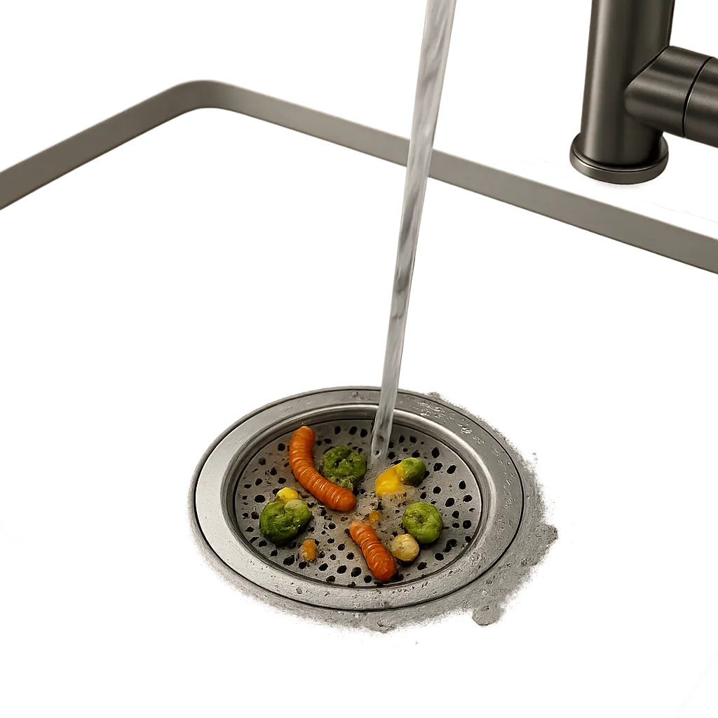 Un bouchon pour évier en place dans une cuisine moderne, conçu pour retenir les résidus avant le siphon. L’image illustre la prévention des bouchons et des mauvaises odeurs au quotidien.