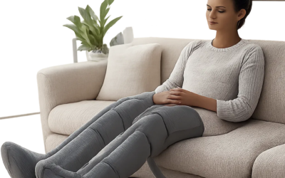 Illustration d’une séance de pressothérapie à domicile dans une ambiance apaisante et premium. L’image évoque la récupération des jambes lourdes et le confort au quotidien.