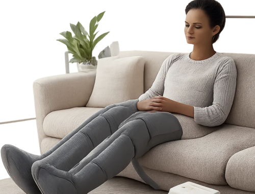 Illustration d’une séance de pressothérapie à domicile dans une ambiance apaisante et premium. L’image évoque la récupération des jambes lourdes et le confort au quotidien.