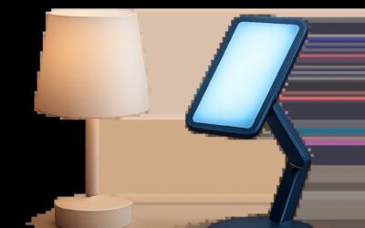 Une scène sobre et premium montrant une lumière bleue maîtrisée dans un intérieur moderne. L’image évoque le réveil, la lecture et le travail avec un éclairage technique et apaisant.