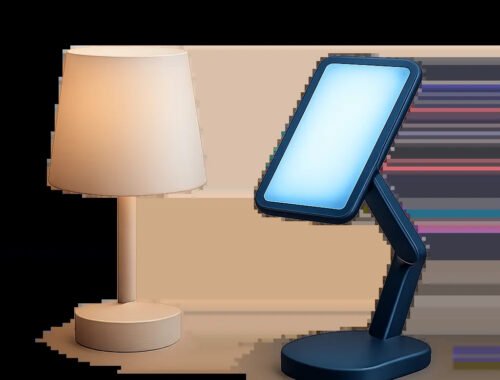 Une scène sobre et premium montrant une lumière bleue maîtrisée dans un intérieur moderne. L’image évoque le réveil, la lecture et le travail avec un éclairage technique et apaisant.