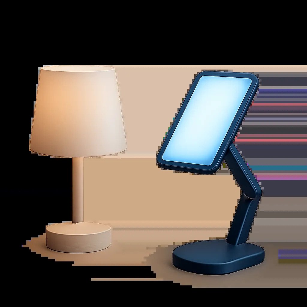 Une scène sobre et premium montrant une lumière bleue maîtrisée dans un intérieur moderne. L’image évoque le réveil, la lecture et le travail avec un éclairage technique et apaisant.