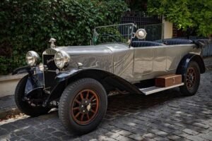 Voiture vintage argentée stationnée sur trottoir, devant végétation dense