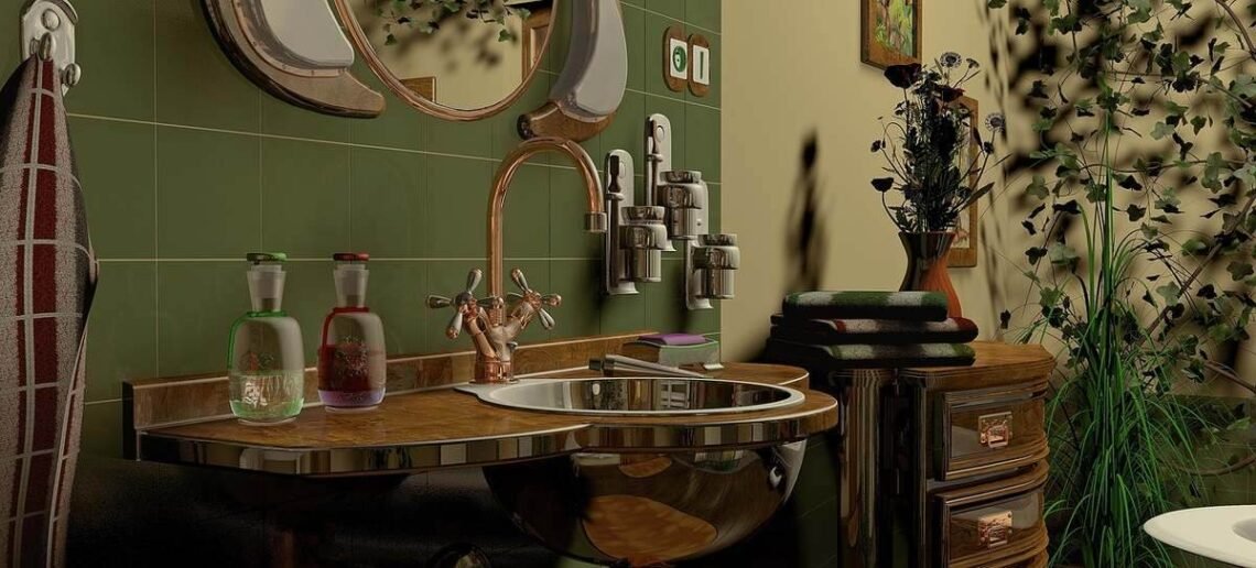 Salle de bain avec évier, miroir, robinet, et objets décoratifs