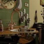 Salle de bain avec évier, miroir, robinet, et objets décoratifs