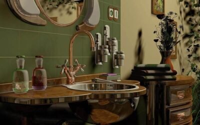 Salle de bain avec évier, miroir, robinet, et objets décoratifs