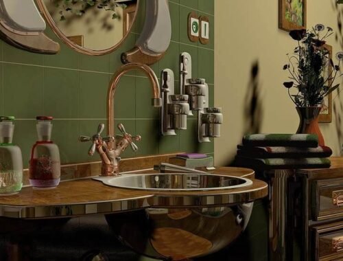Salle de bain avec évier, miroir, robinet, et objets décoratifs
