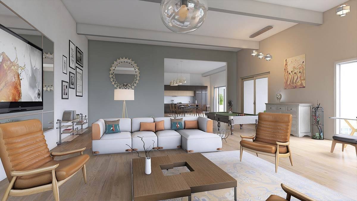 Salon contemporain avec canapé blanc, fauteuils en bois, lampadaire et spots muraux